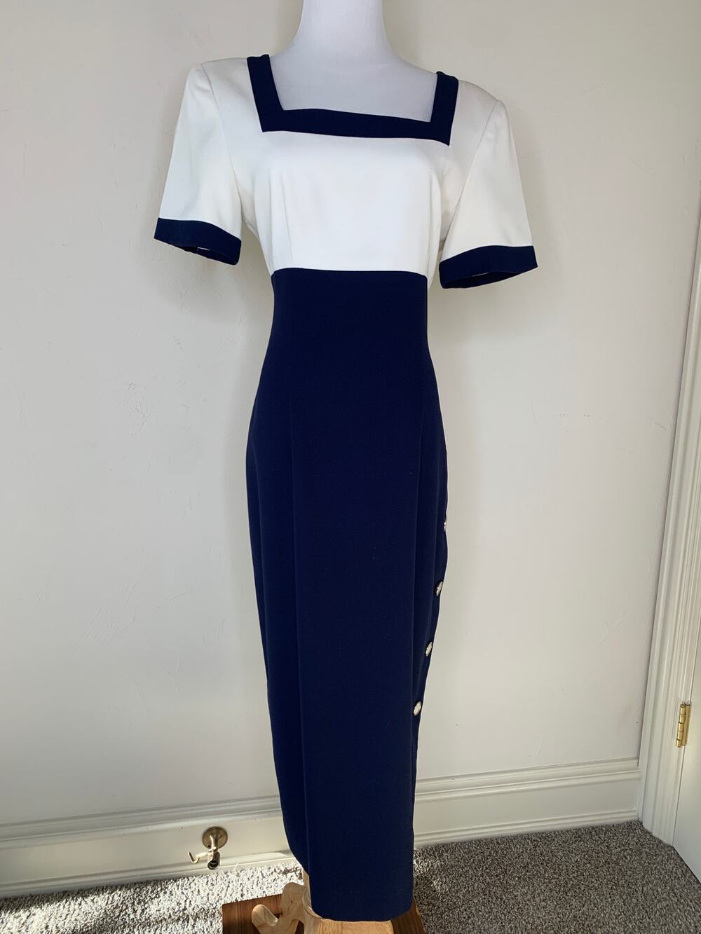 Vintage Liz Claiborne Midi Dress Blue Cream Colorblock Side Button Sz 6
